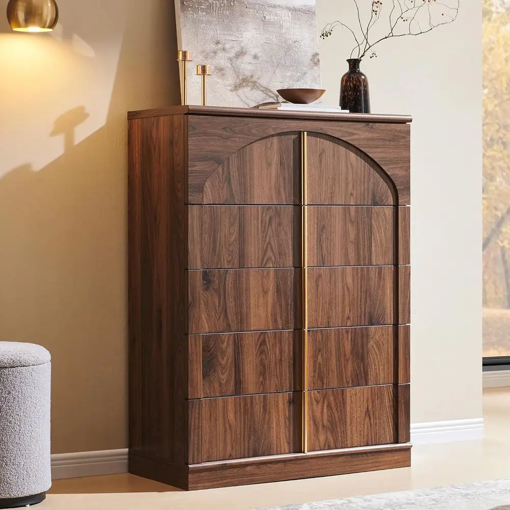 44 Tall Arched Panel Bedroom Closet with Metal Handles & Push-to-Open Wood Storage Drawers for Living Room, Hallway in Brown