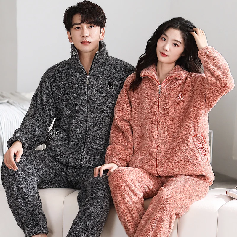 Newest Winter Couple Pajamas Set Thick Warm Flannel Leisure Comfortable Soft M-3XL  Lovers Pijamas