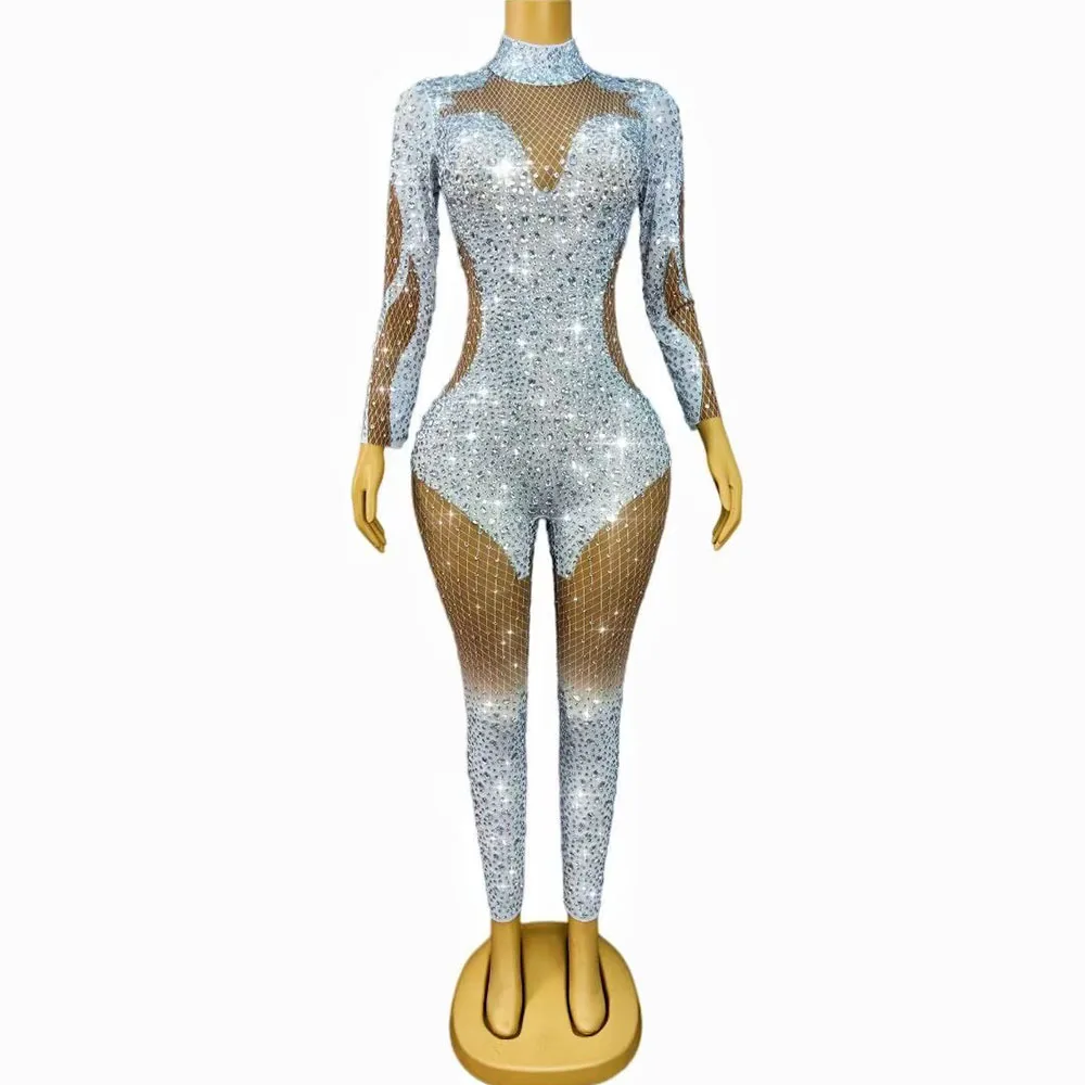 Luxuriöser Strass-Jumpsuit mit Netzstoff für Damen, Geburtstagsfeier, Modenschau, Sänger, Tänzer, Performance, Modische Bühnenkleidung