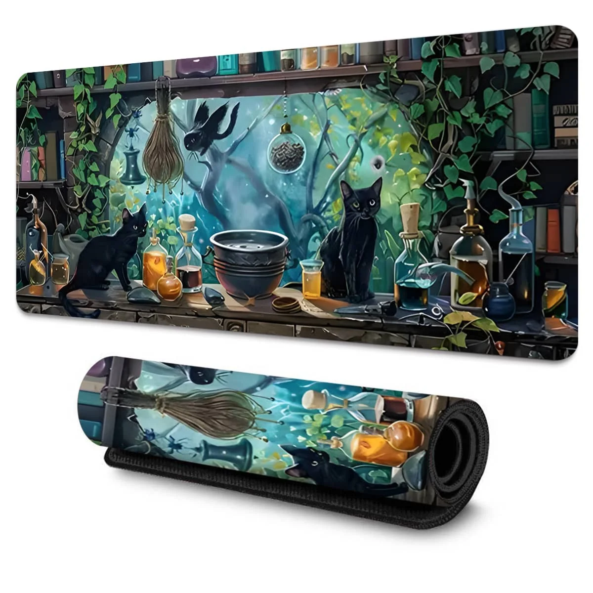 Magic Black Cats Potion Lab Mouse Pad Multi-size Non-Slip Stitched Edge Computer Keyboard Desk Mat For Office Home, Ideal Gift