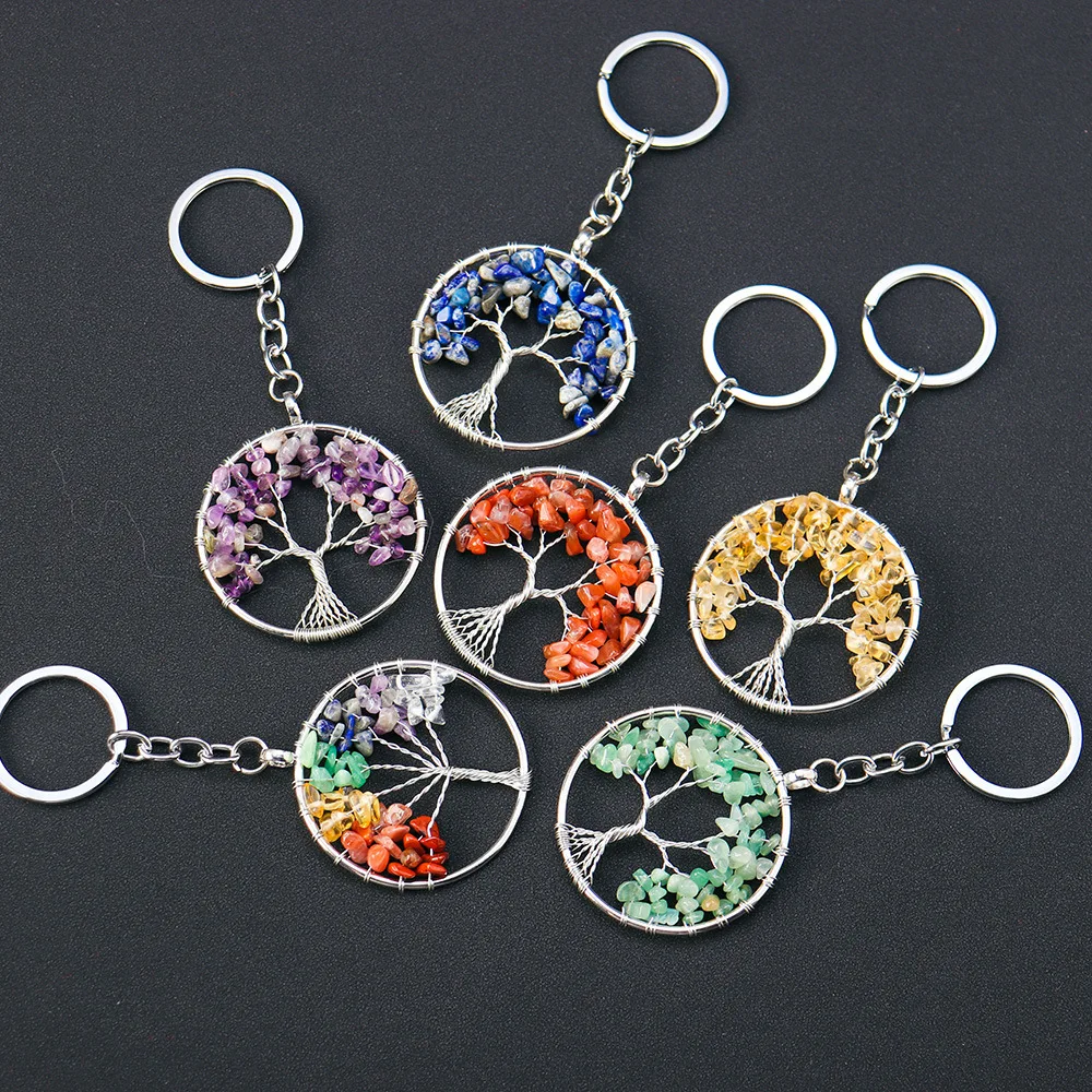

10pcs Natural Quartz Tree of Life Keychain Handbag Charm Car Hanging Decoration Ornaments 7 Chakra Pendant Keyring Keyholder