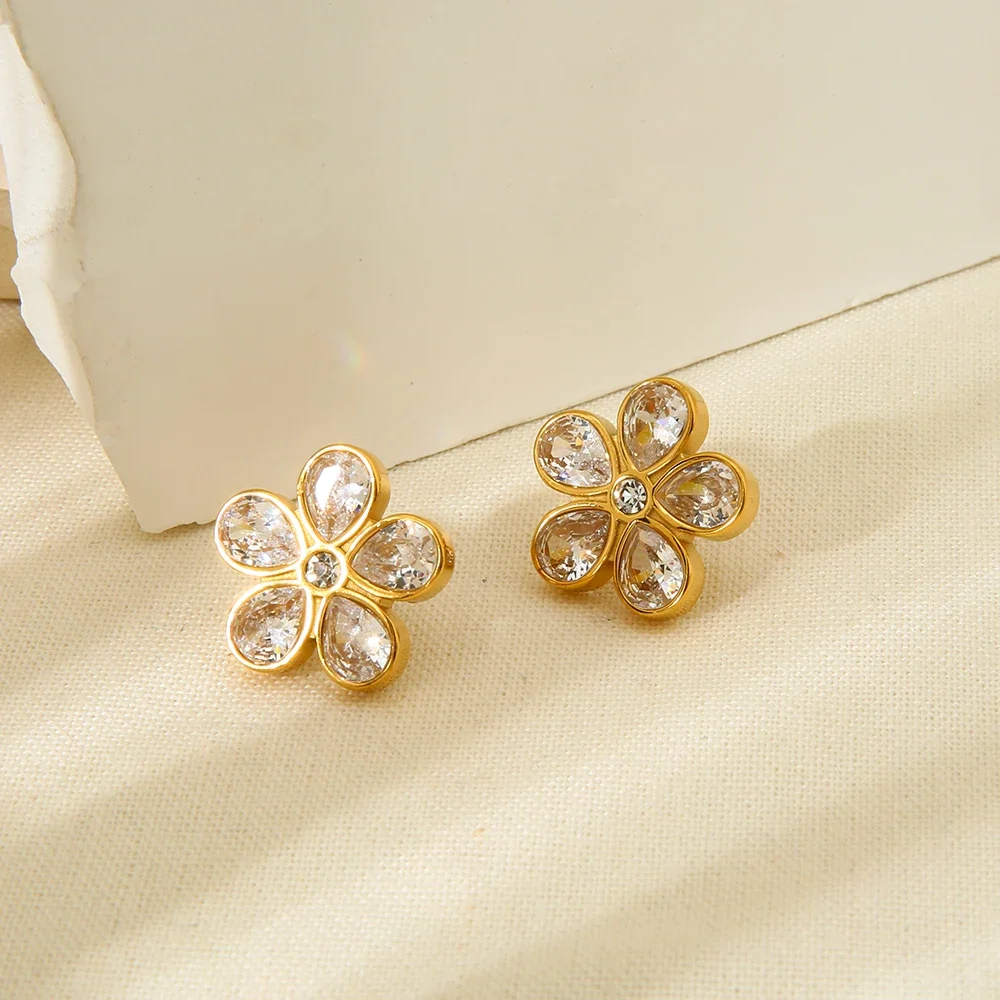 

Bling Cubic Zirconia Flower Stud Earrings for Women Exquisite Trendy 18K Gold Plated Stainless Steel Shiny Fashion Jewelry Gift