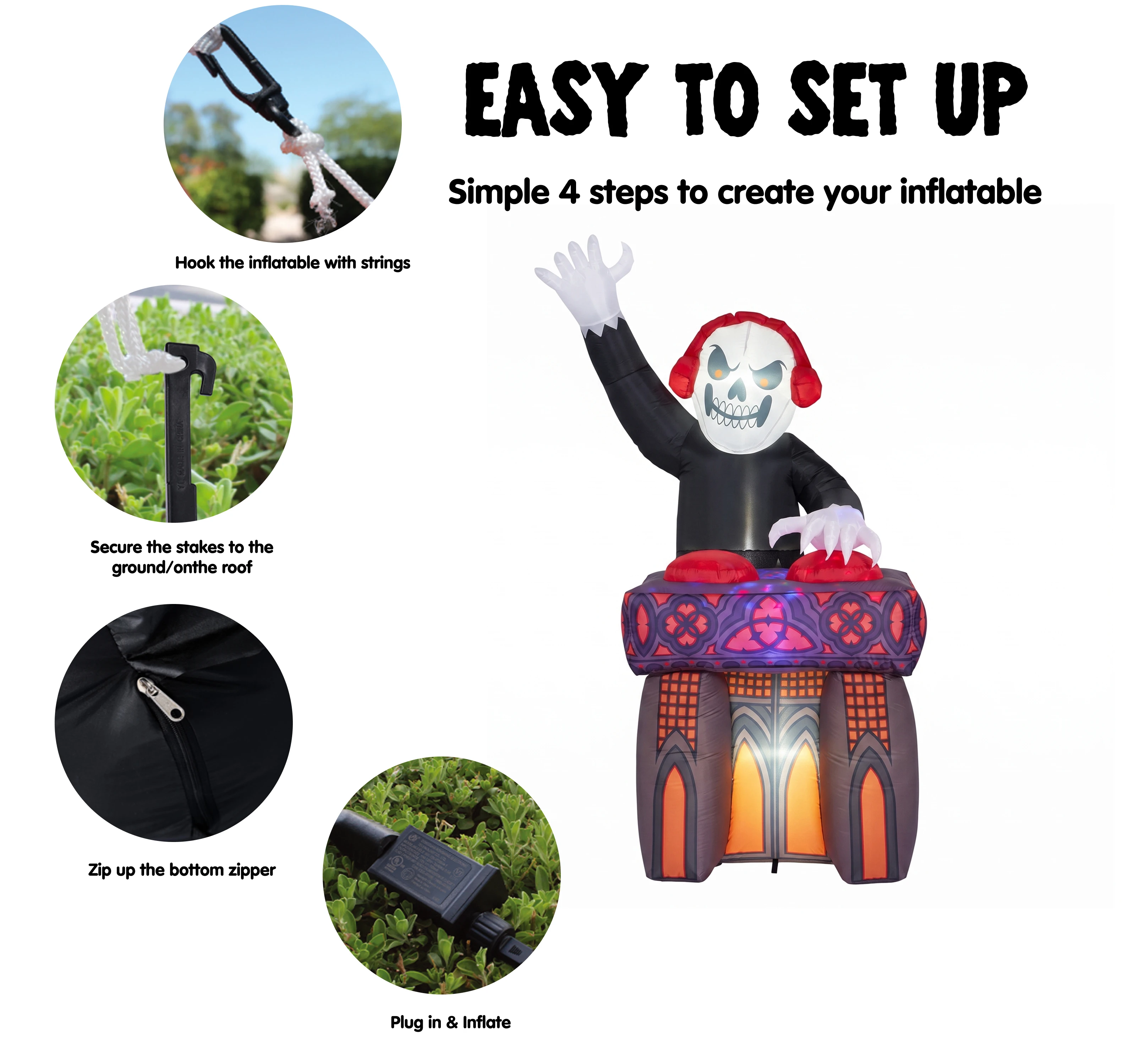6FT DJ Skeleton Inflatable Decoration with Music Speaker & Music Track, Spooky Halloween Blow Up Decoration for Yard Lawn Indoor Outdoor, DJ Skeleton Inflatable with Music