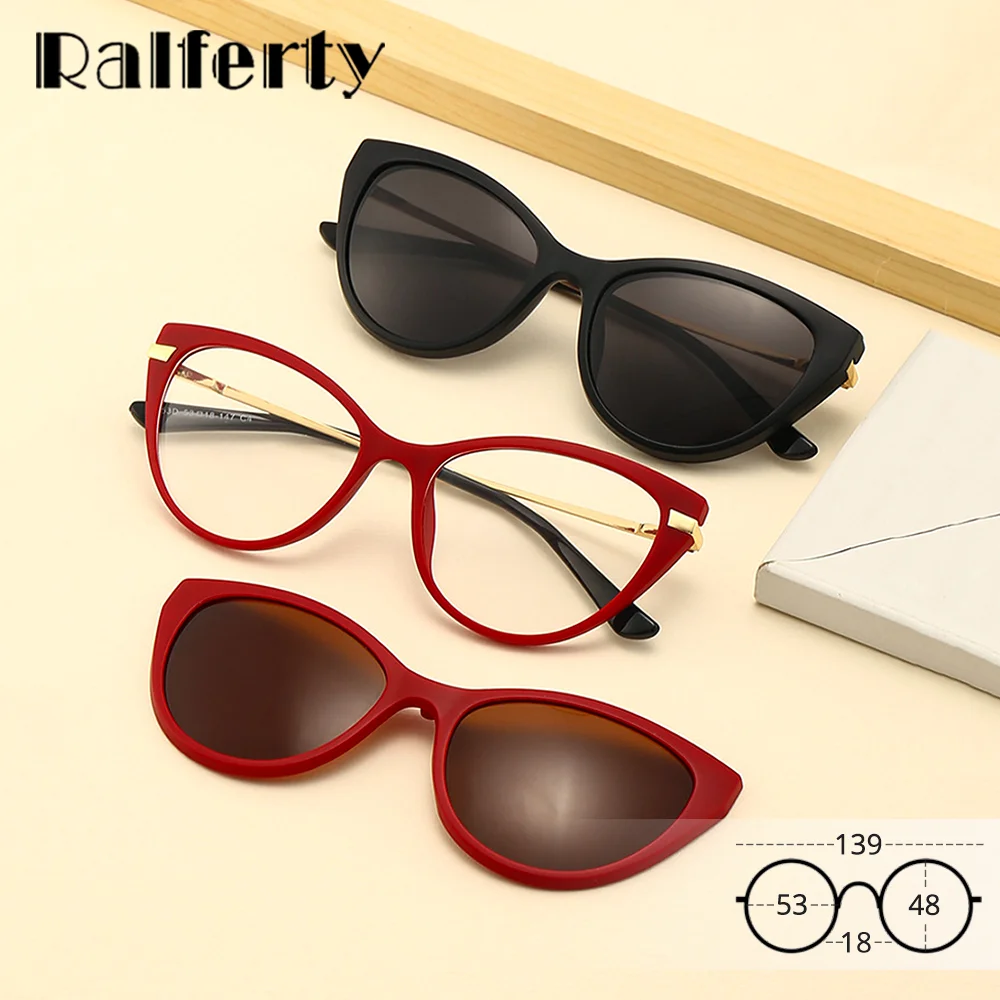 Ralferty 2 in 1 Vintage Cat Eye Sunglasses Women Magnet Clips On Glasses 0 Diopter Prescription Frame Sun Glasses for Women 2025