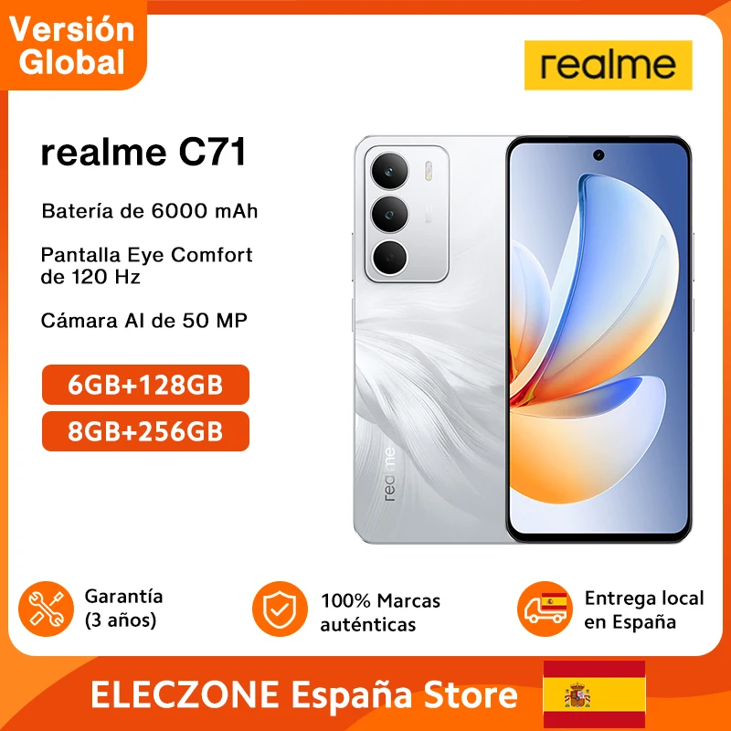 الإصدار العالمي لهاتف ذكي Realme C71 4G بشاشة 6.67 بوصة 120 هرتز وعرض مريح للعين وبطارية 6000 مللي أمبير في الساعة وكاميرا AI بدقة 50 ميجابكسل مجموعة شرائح ثماني النواة