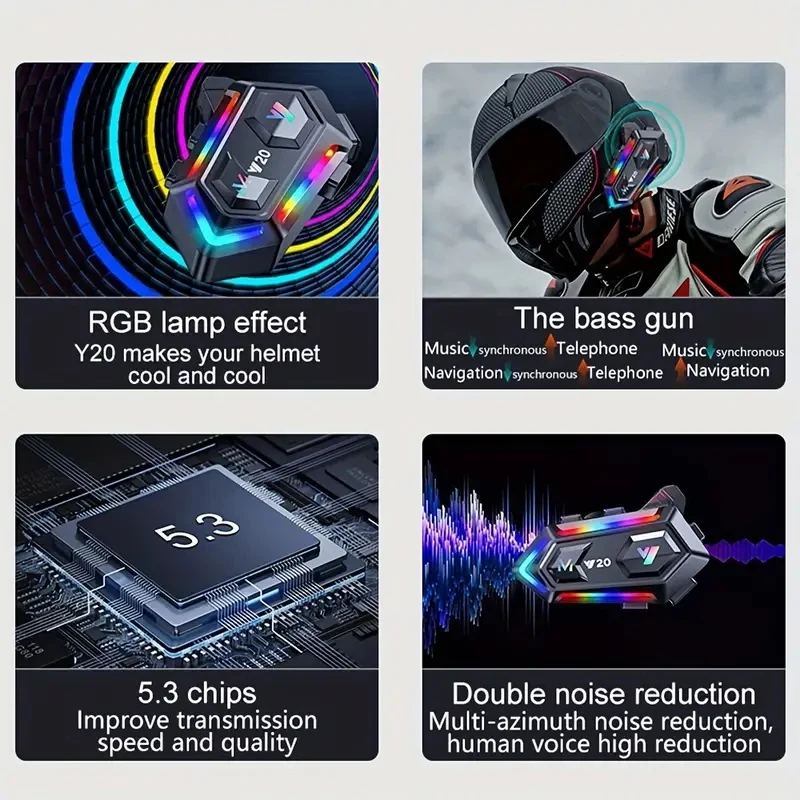 Y20 بلوتوث 5.3 دراجة نارية سماعة خوذة 1000Mah سوبر طويل الاستعداد اللاسلكية حر اليدين مقاوم للماء دراجة نارية سماعة