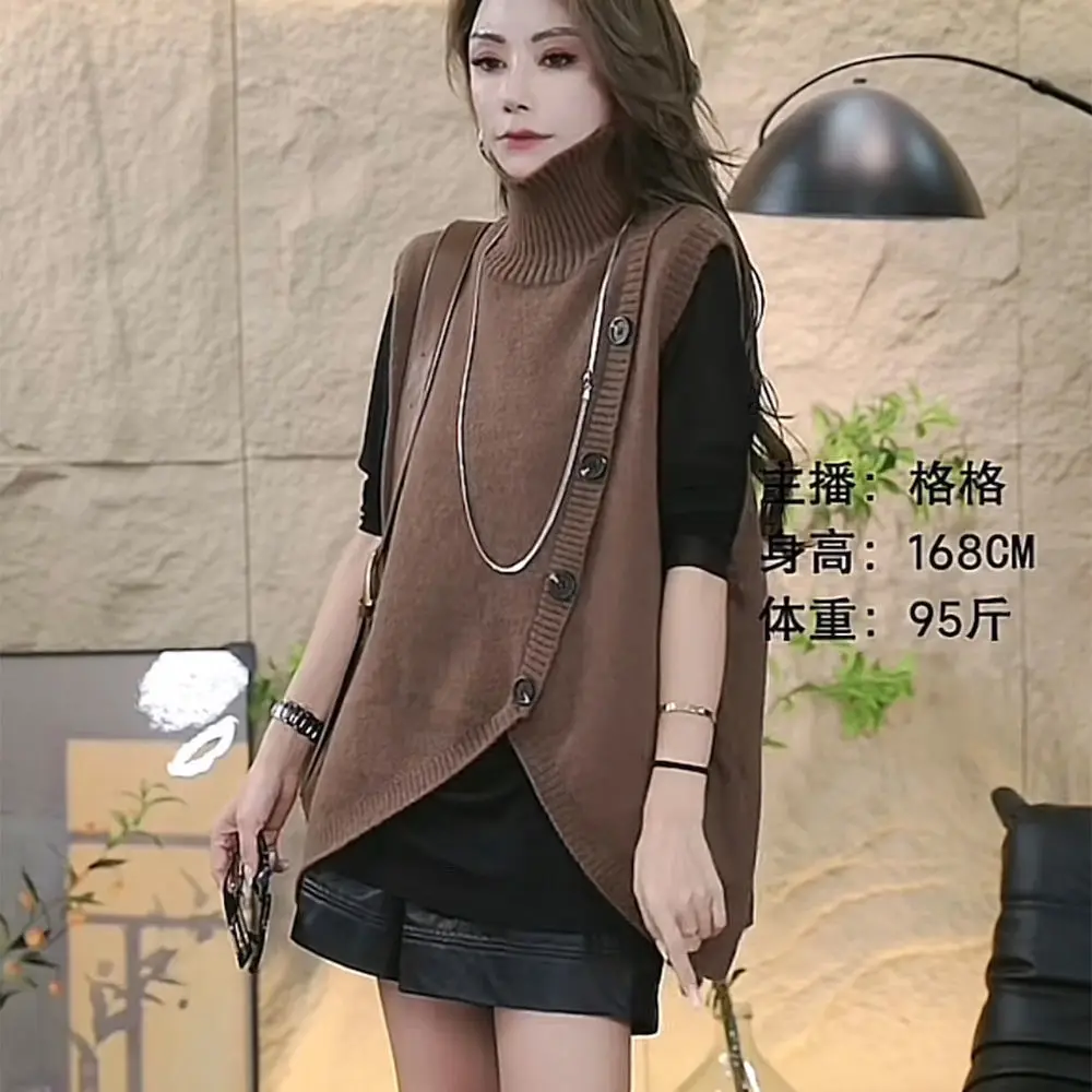 Autumn and Winter New Irregular Button Knitted Fashion Solid Color Sweater European High Collar Sleeveless Vest Coat Trendy