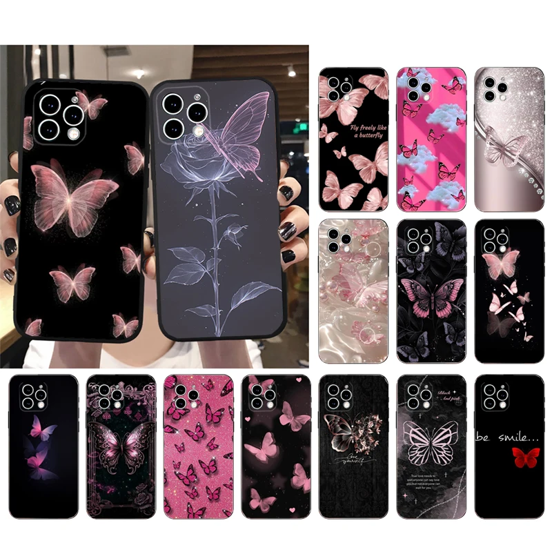 

Beauty Pink Butterfly Phone Case For iPhone 17 Pro Max Air 17 16 15 14 13 Pro Max 15 16 Pro 15Plus Silicone Cover