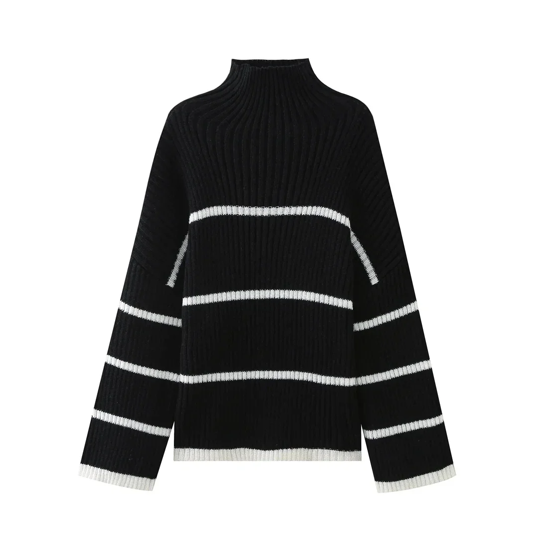 TRAF 2024 Turtleneck Striped Sweater Women Pulovers Long Sleeve Knitted Sweater For Women Autumn Winter Jerseys Woman Jumper