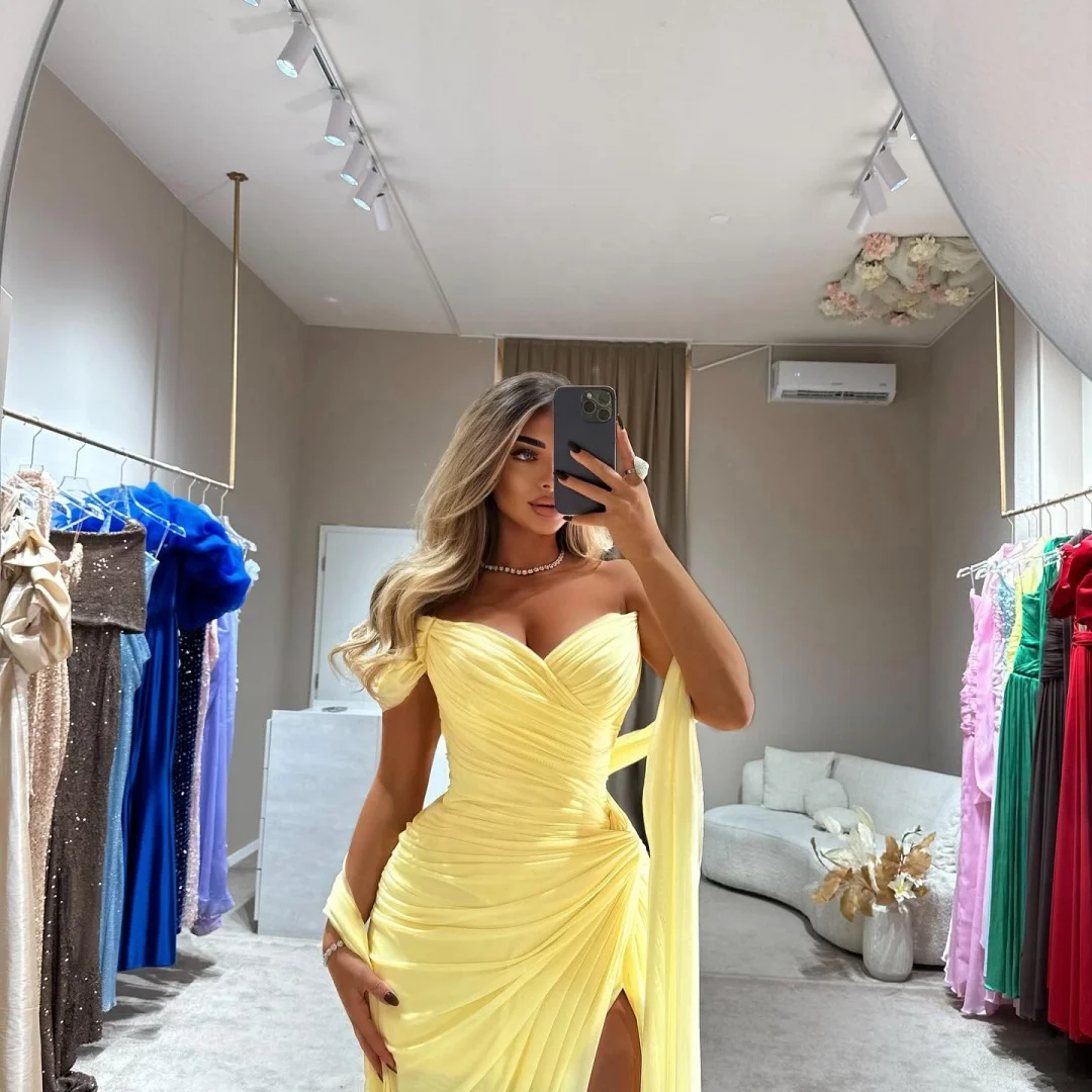 Amanda Customized Light Yellow Halter Off Shoulder Ruched Prom Dress High Slit Gown Formal Evening Elegant vestidos de noche