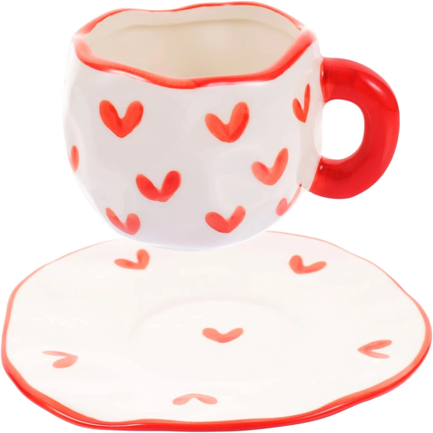 

Chic and Vibrant Red Hand-painted Ceramic Coffee Cup and Saucer Set with Classic Heart Design - Durable and Unique Tea Cups - St