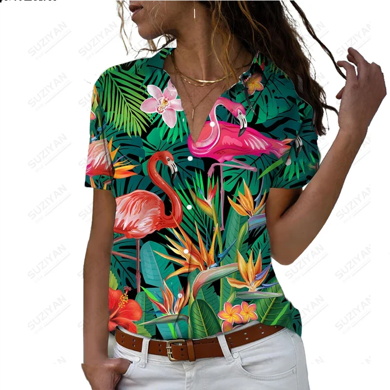 T-shirt flamant rose hawaïen pour femme, impression numérique 3D, chemise décontractée à revers pour femme, haut à manches courtes, été, nouveau style, 2024