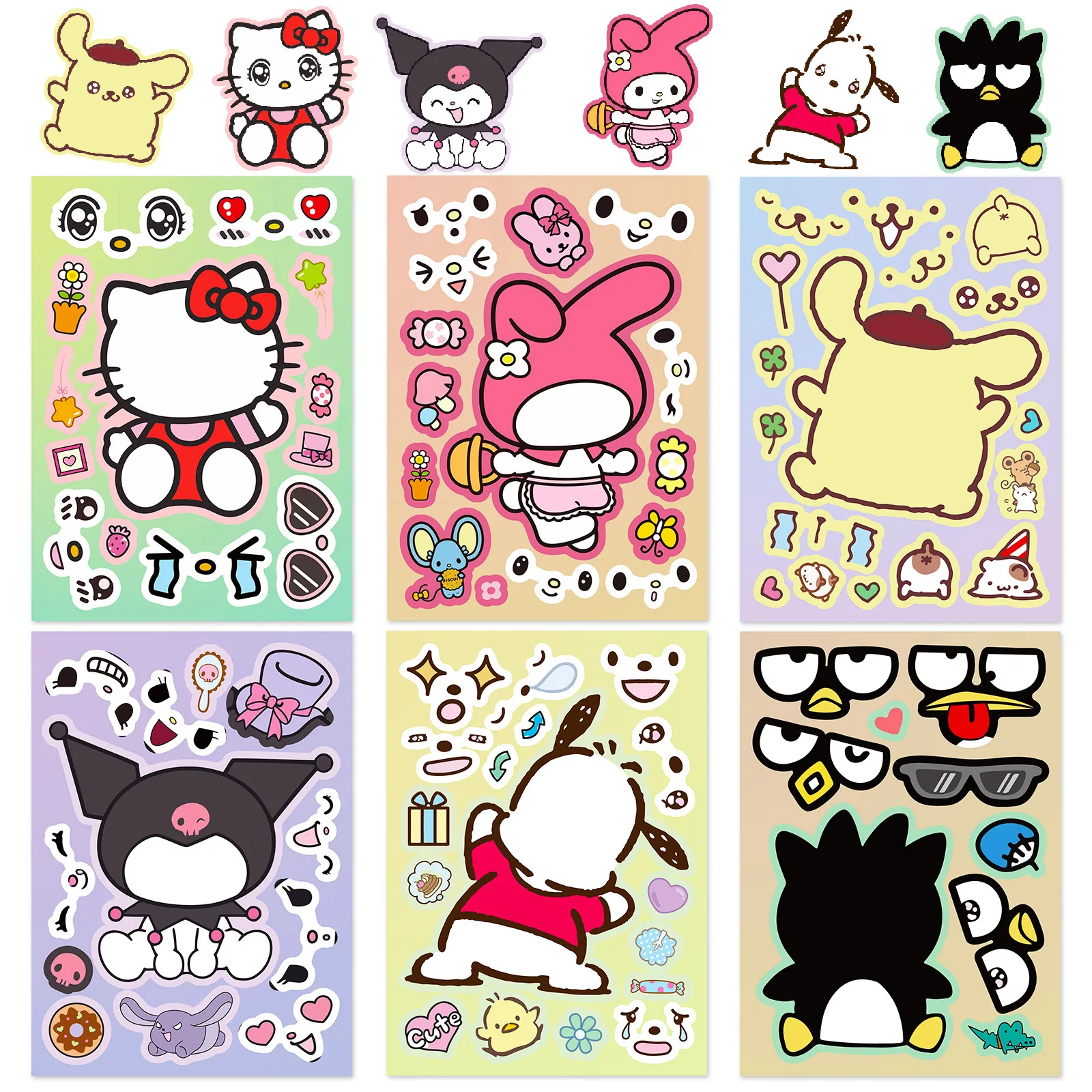 6/12Sheets Kuromi Hello Kitty Pompompurin Puzzle Stickers Make-a-Face Assemble Decal Assemble Jigsaw DIY Children Girl Toy Gift