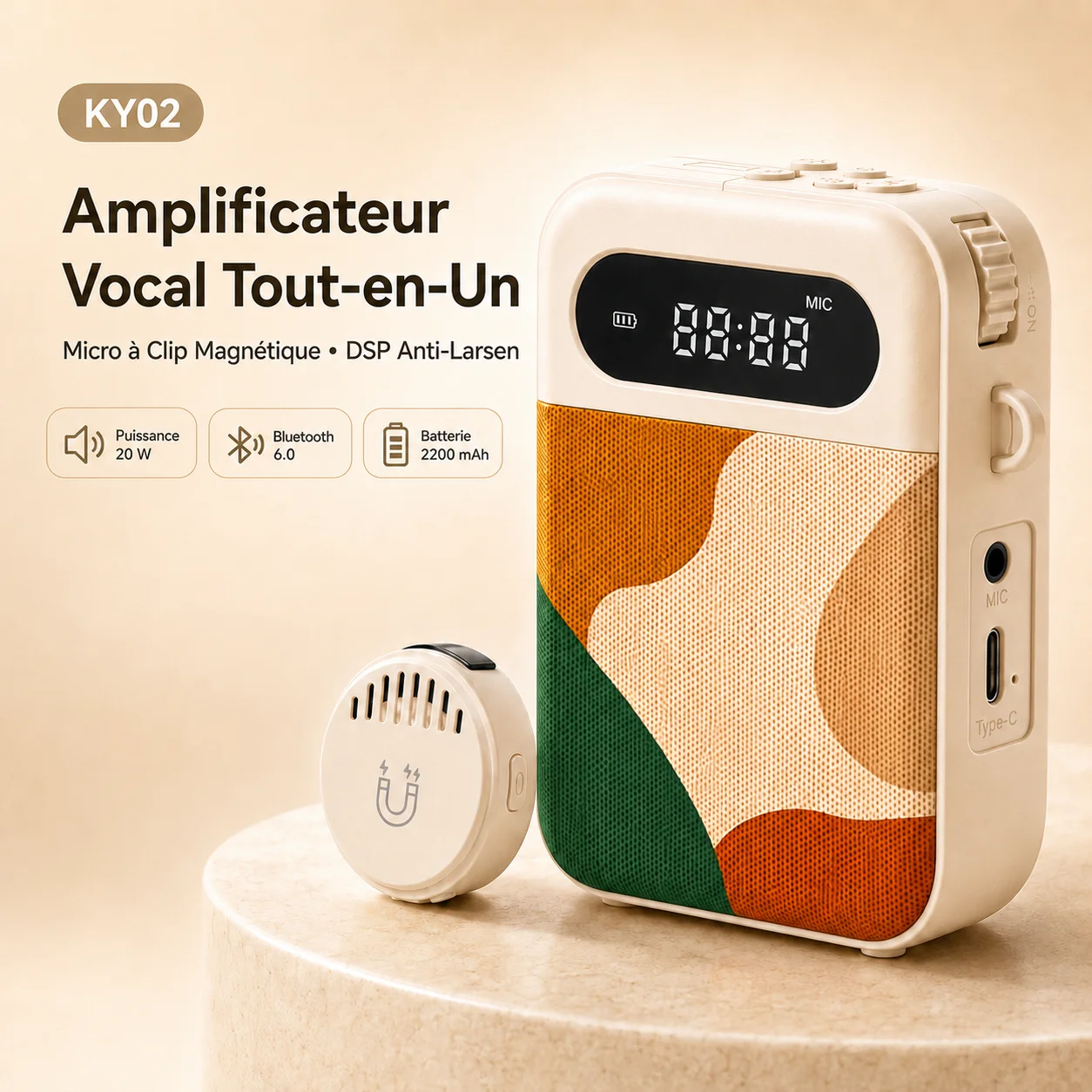Amplificateur vocal pour enseignants, haut-parleur Bluetooth 6.0 20W, micro à clip magnétique sans fil, rechargeable pour la salle de classe et la formation
