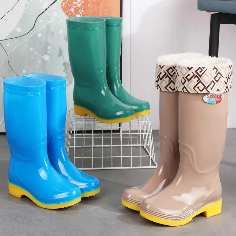 Waterproof Women's Fleece-lined High-boot Rain Shoes Pvc Leather Sole Kitchen Work Shoes Cotton Lined Long Boots Rain