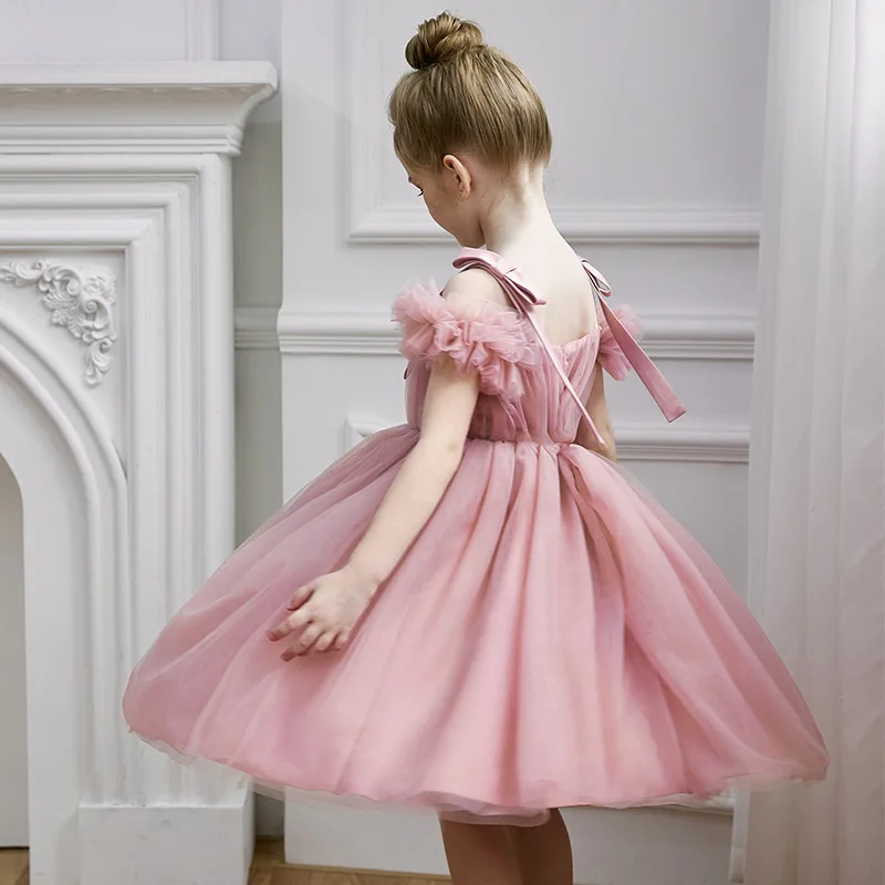 Girl Princess Dress Pink Flower Girl Bridesmaid Dress for Weddings Elegant Party Dresses for Girls Off-Shoulder Mesh Prom Dress