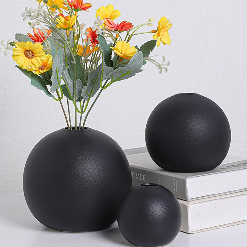 INS Nordic Ceramic Vase Black White Round Ball Flower Arranger Table Top Hydroponic Container Living Room Office Bookcase Decor