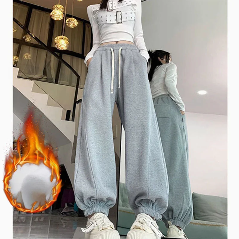 Sports Sweatpants Women Winter New High Waist Thermal Plus Fleece Wide Leg Drawstring Casual Elastic Waist All-match Trousers