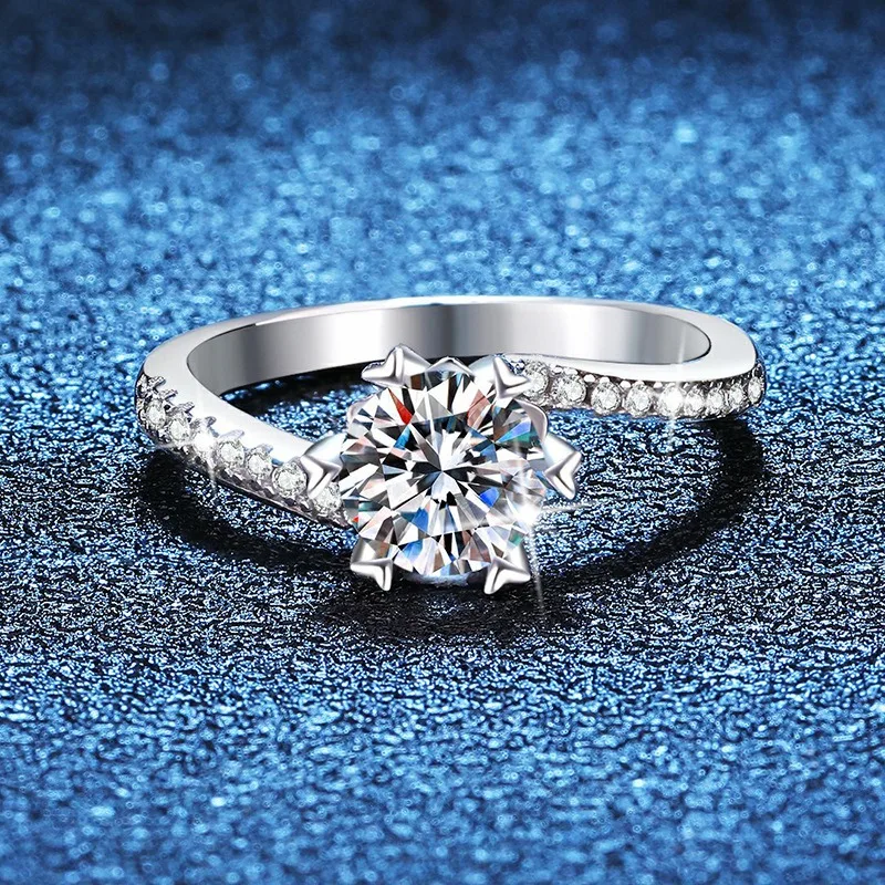 

S925 Sterling Silver 1ct D Color Moissanite Ring Micro Pave Snowflake Twist Shank Luxury Wedding Engagement Band for Women
