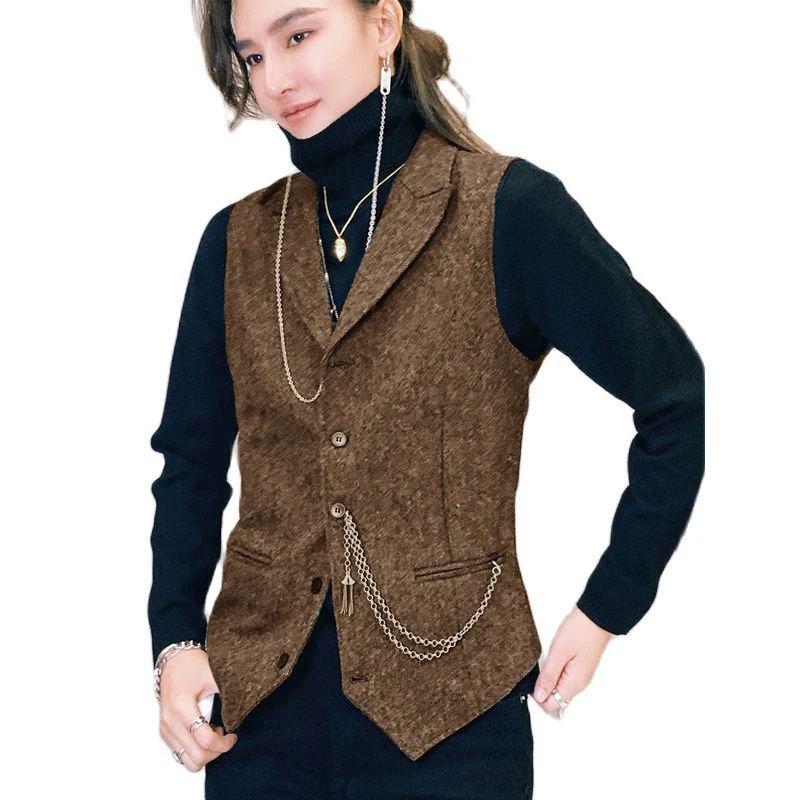 

Women's Tailored Vest Brown Herringbone Tweed Elegant OL Waistcoat Aesthetic Vests Formal Office Business Vest жилетка женская