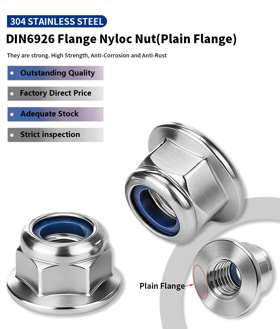 DIN6926 304 Edelstahl-Flansch-Nylonmutter M3 M4 M5 M6 M8 M10 M12, nicht gezahnte Nylon-Einsatzmutter, glatte Flanschmutter – Detail 1