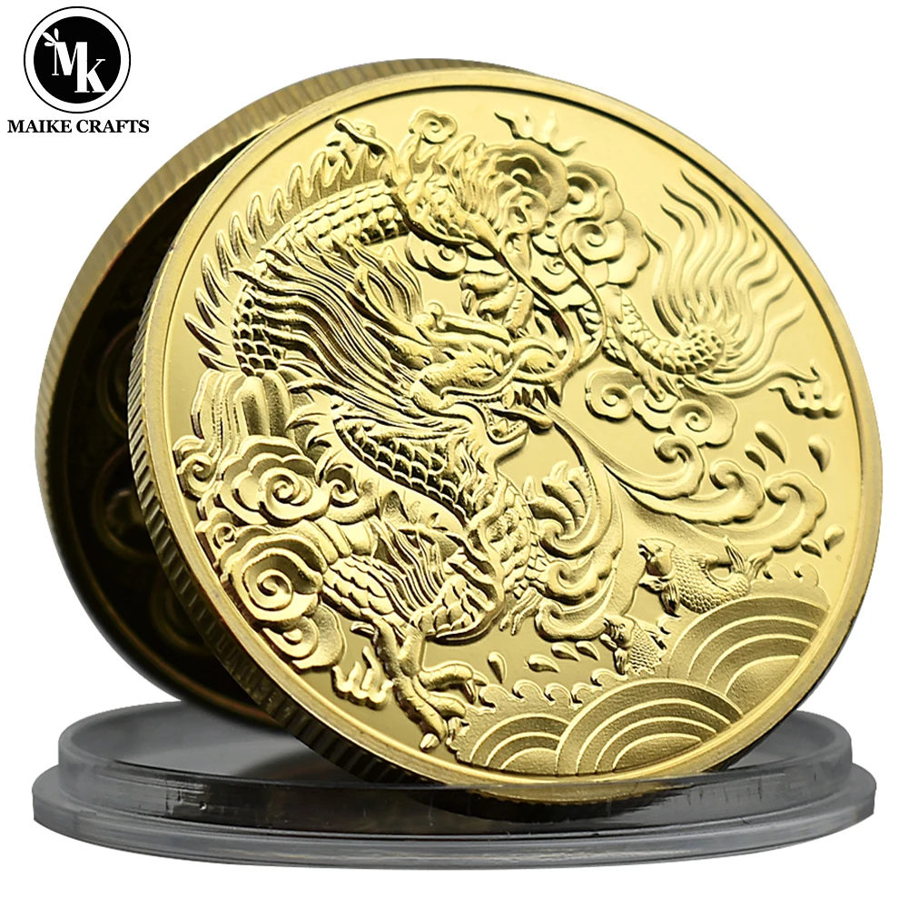 Chinese Dragon Lucky Coin Zodiac Gold Plated Metal Crafts Home Decoration Coin Collection Holiday Gifts