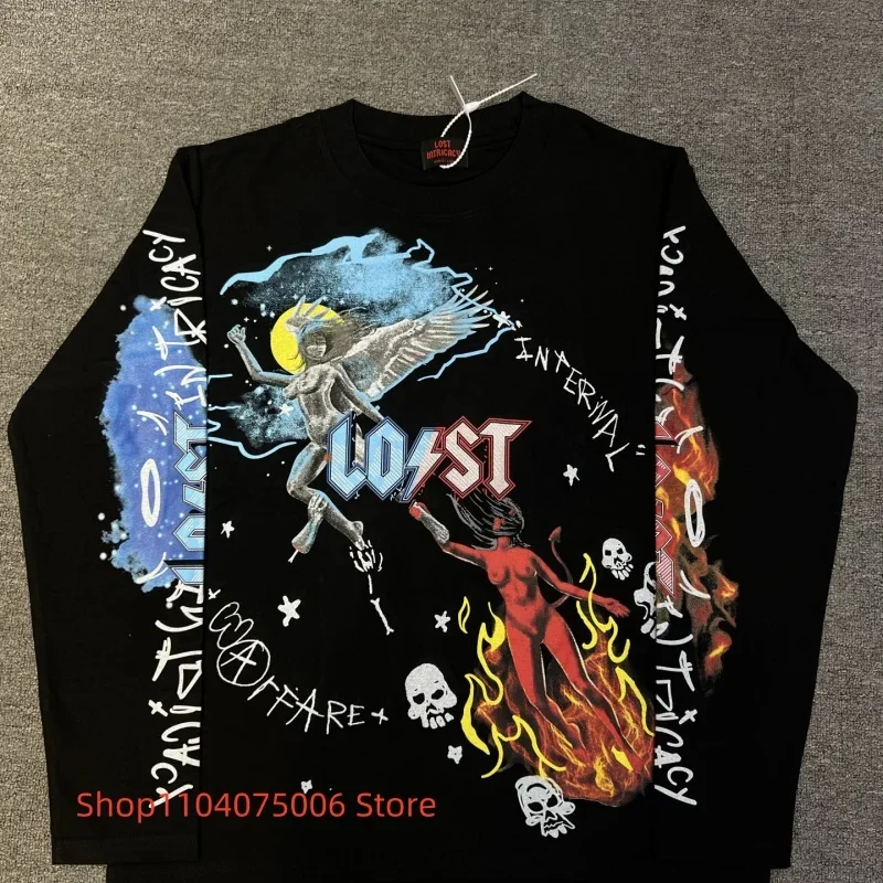 

Мужская хлопковая футболка с длинным рукавом с принтом Lost Intricity 2025 года, уличная мода в стиле ретро, удобная повседневная уличная одежда