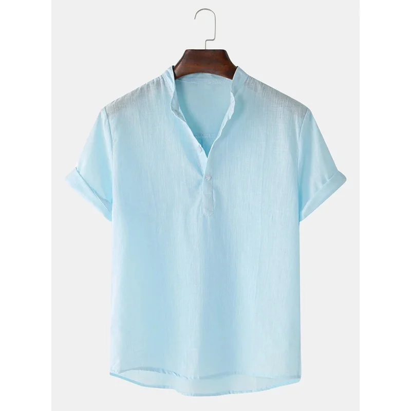 SZYL-Camisa de manga corta de algodón y lino para hombre, camisa informal de cuello alto, camisa de verano de Color sólido, Dropshippin de una pieza