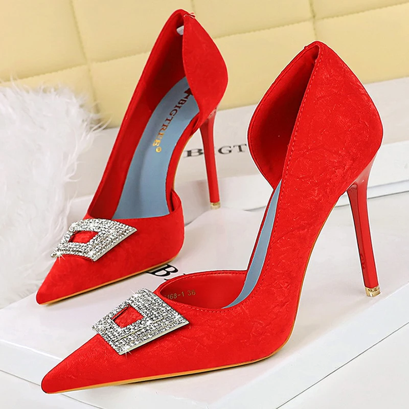 Zapatos BIGTREE, zapatos de tacón de lujo para mujer, tacones altos con diamantes de imitación de 10,5 CM, satén de seda de aguja, tacones femeninos, zapatos de fiesta sexis, zapatos de tacón para mujer