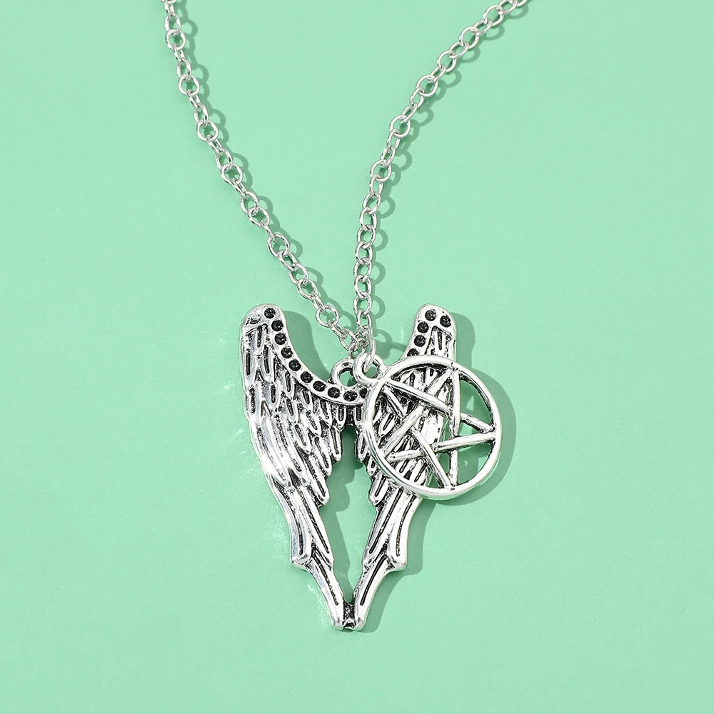 Retro Angel Wings Pentagram Necklace Charm Creative Film Television Fashion Pendant Jewelry Accessory for Women Men Gift