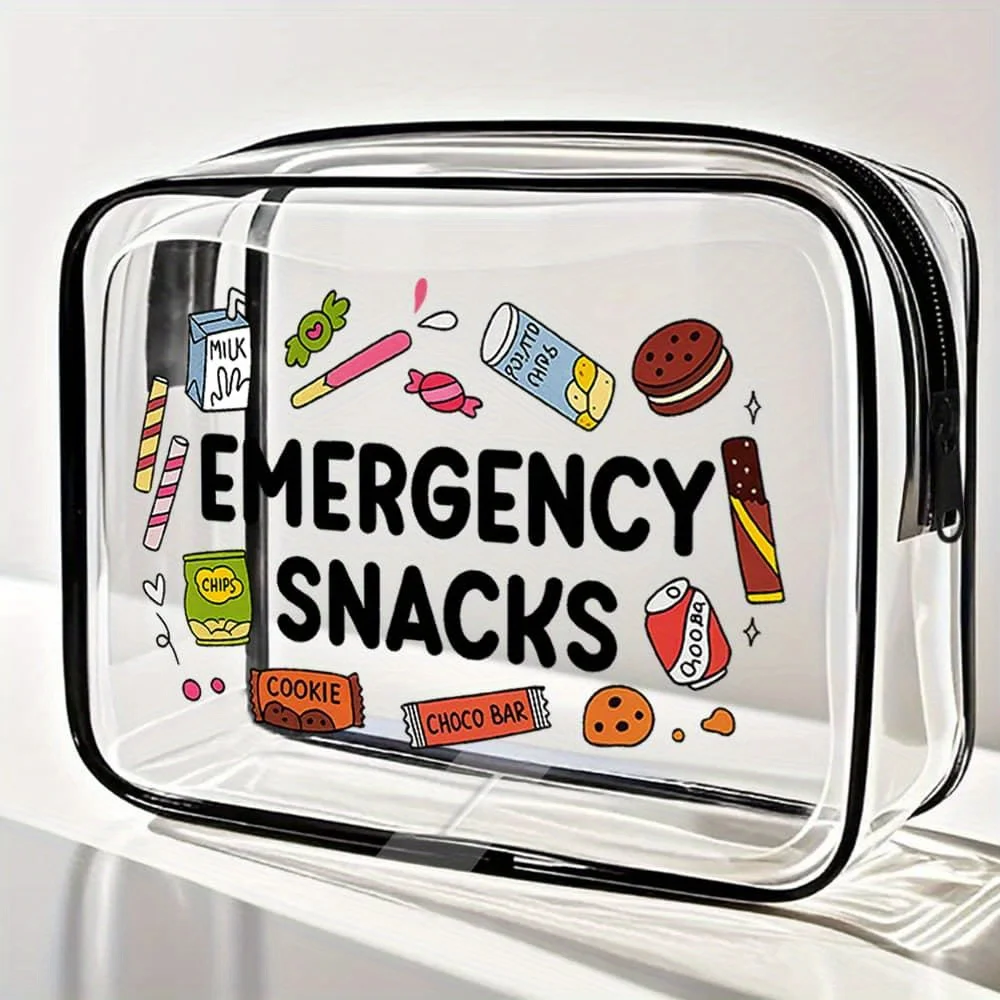 Clear Snack-themed cosmetic bag.