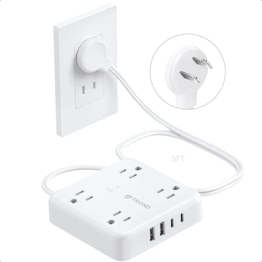 

2 Prong Power Strip 2 Prong to 3 Prong Outlet Adapter Polarized Flat Plug 4 AC 4 USB 5ft Extension Cord Wall Mountable Surge Pr