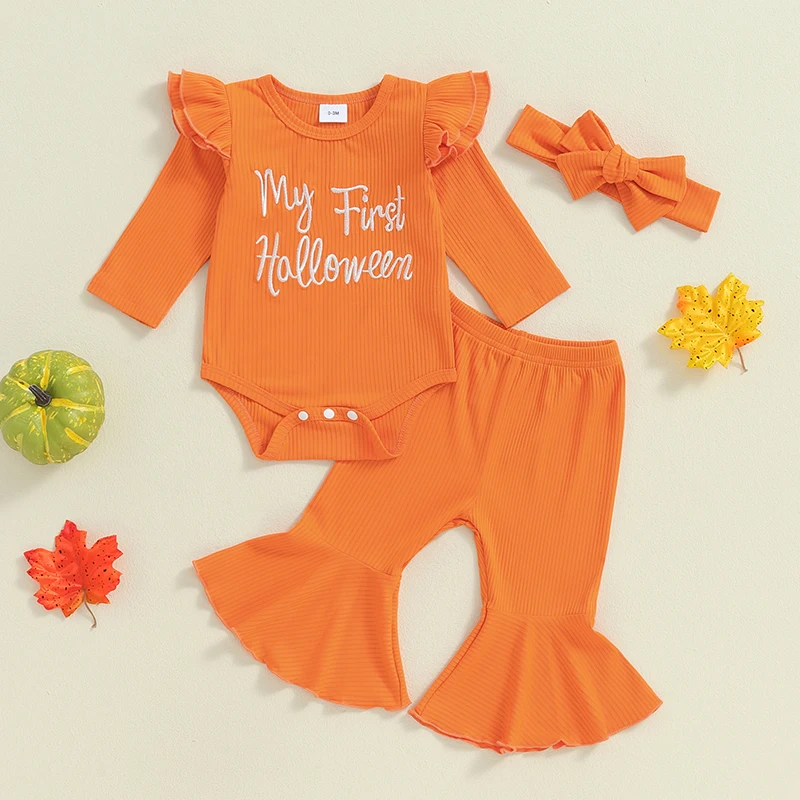 Ensemble barboteuse et pantalon évasé pour nouveau-né, bébé fille, ma première tenue d'Halloween, vêtements, 3 pièces