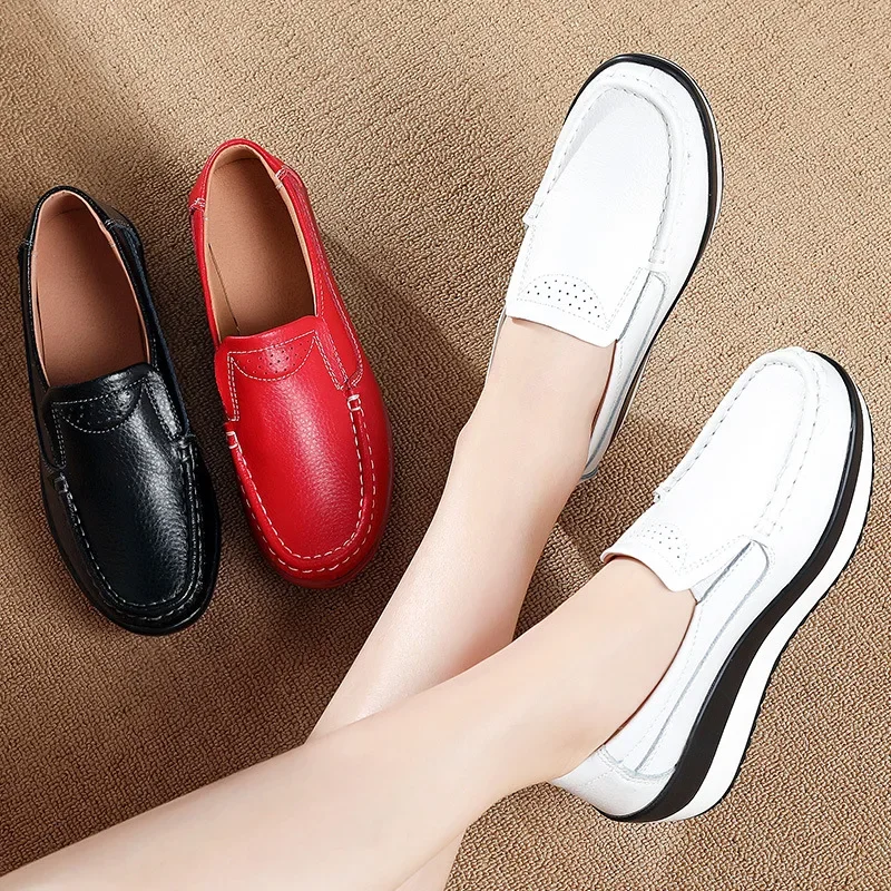 Platform Flats Loafers for Women Autumn Thick Bottom Casual Leather Walking Sneakers Round Toe Wedge Shoes Zapatos De Mujer