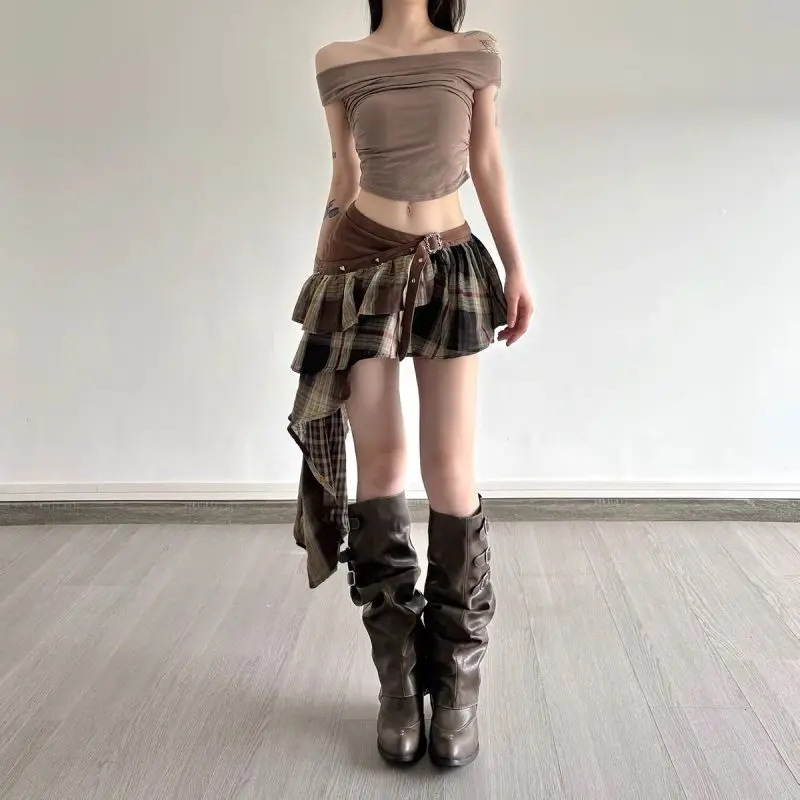 

Women Niche Design Sense Low Waist Hot Girl Short Skirt American Style Retro Plaid Irregular Sexy Street Splicing Skirt