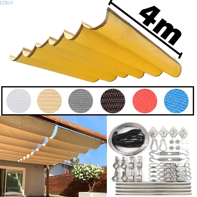 Width 4m Retractable Outdoor Sun Shade Sail Summer Patio Pergola Telescopic Sunshade Net Backyard Terrace Shading Canopy
