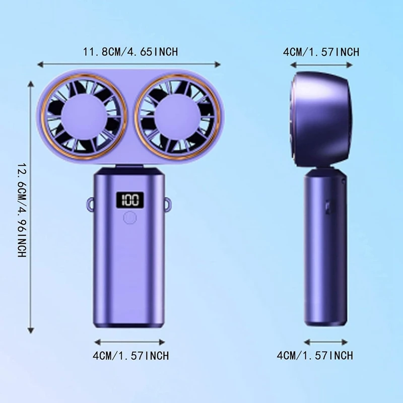 Portable Handheld Fan USB Charging Cooler Dual Fan Dual Fan Cooling Digital Display Rechargeable Battery Royal Blue