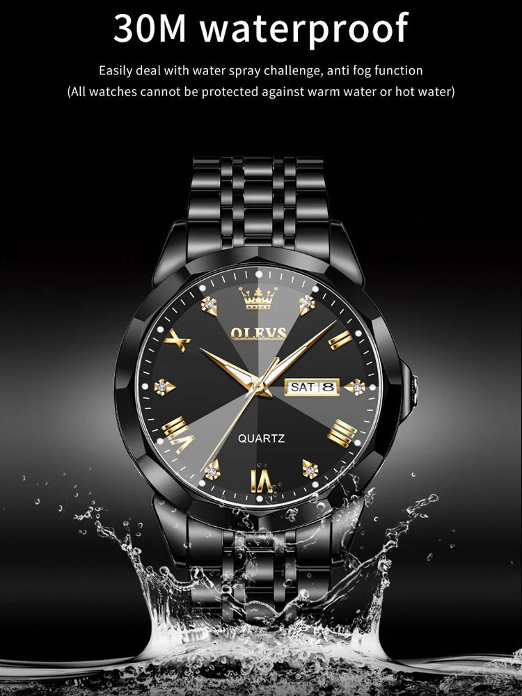 OLEVS Watch for Men Luxury Brand Black Steel Strap 3ATM Waterproof Date Luminous Quartz Men\'s Watches Reloj Hombre