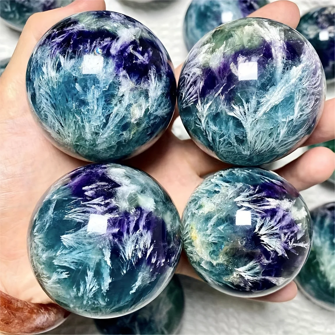 Natural Snowflake Fluorite Sphere Polished Green Blue Purple Marble Pattern Crystal Ball Bohemian Home Decor Gift