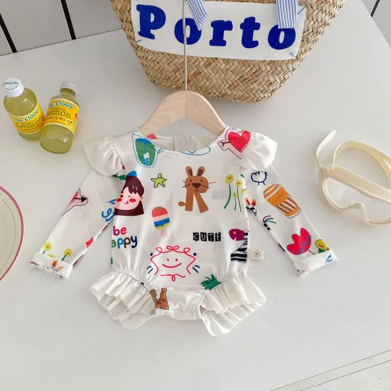 

Цельный купальник для девочек, пляжный купальный костюм для маленьких девочек, детский купальник, новинка лета 2024, новинка лета с длинными рукавами из мультфильма