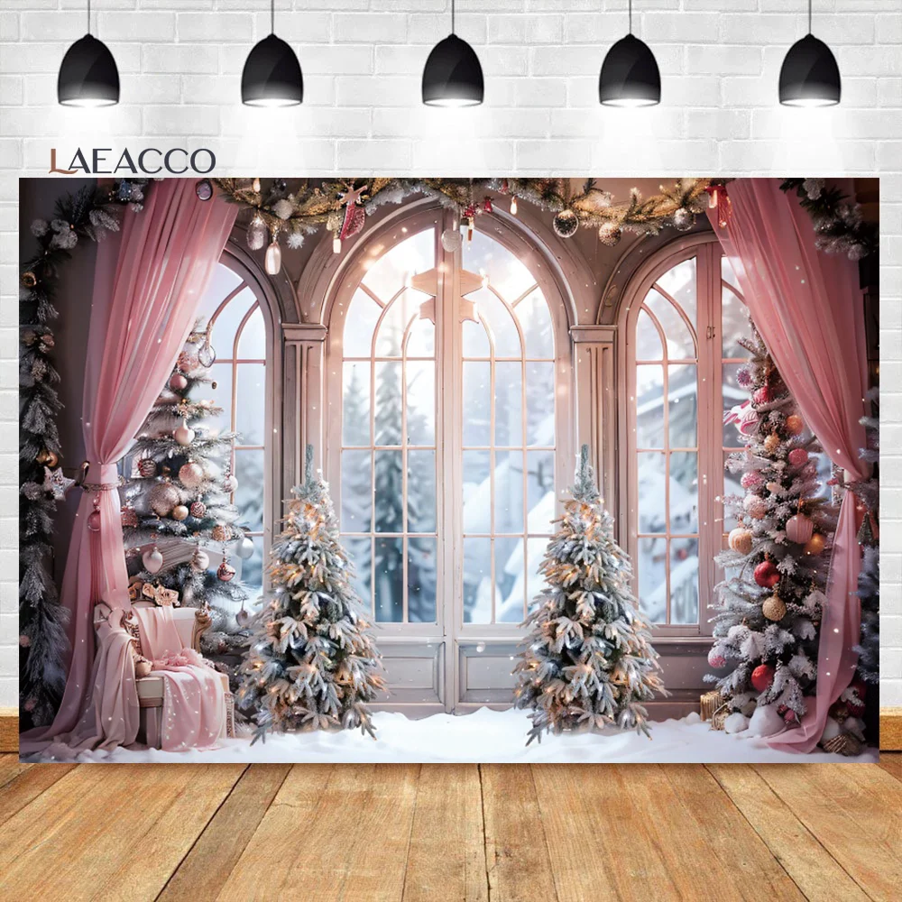 Laeacco Winter Christmas Window Scene Backdrop Snow Forest Pink Curtains Xmas Trees Gift Family Portrait Photography Background