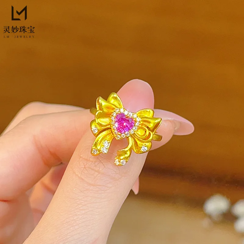 

9999 24K Real Gold Luxury Jewelry Love Bow Ring Water Ice Moon Sailor Moon Ring Gifts for Girlfriend