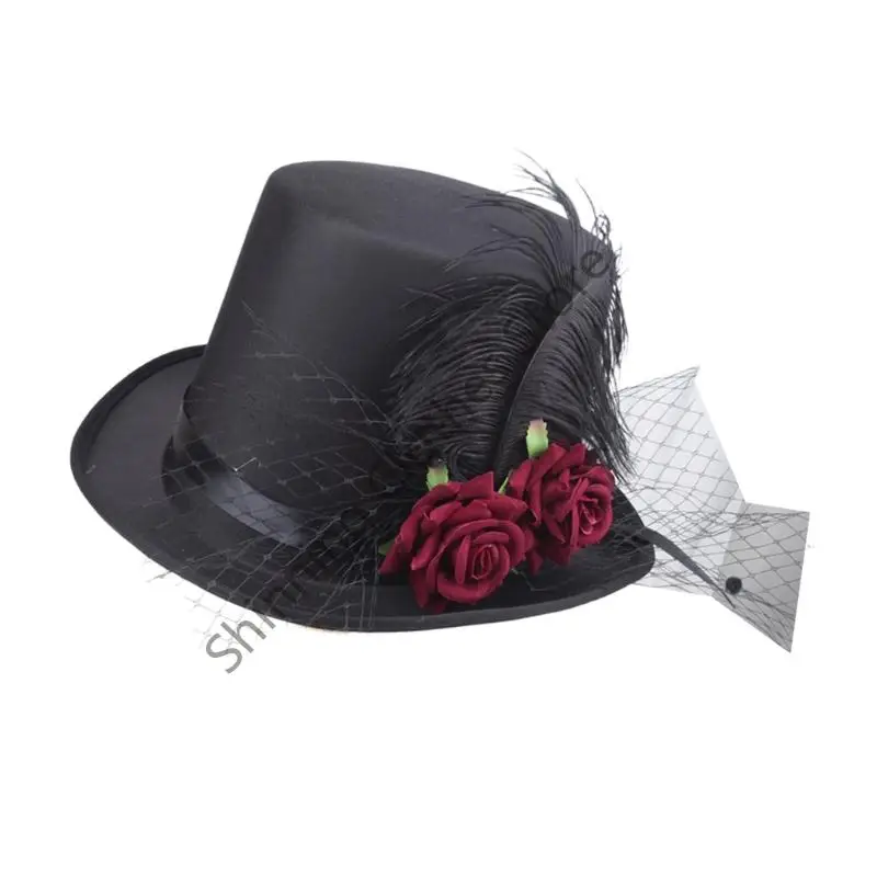 m68a 고딕 플라워 깃털 모자 할로윈 코스프레 의상 액세서리 파티 모자 여성 남성 빅토리아 스팀 펑크 탑 모자