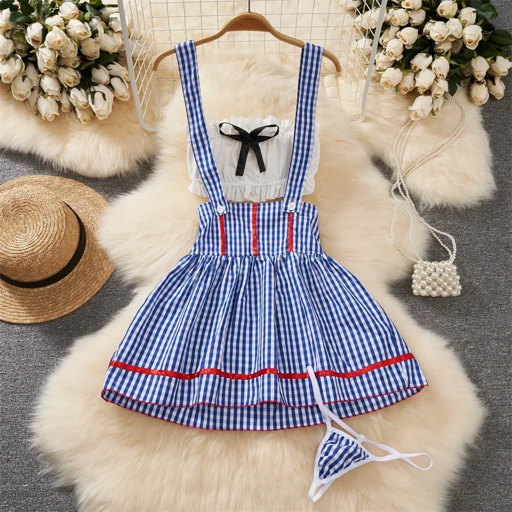 

Sexy Girl's Lingerie Women's Secret Clothes Japanese Sweet Cute Strap Skirt Set Ruffle Bow Crop Top Kawaii Plaid Short Skirt