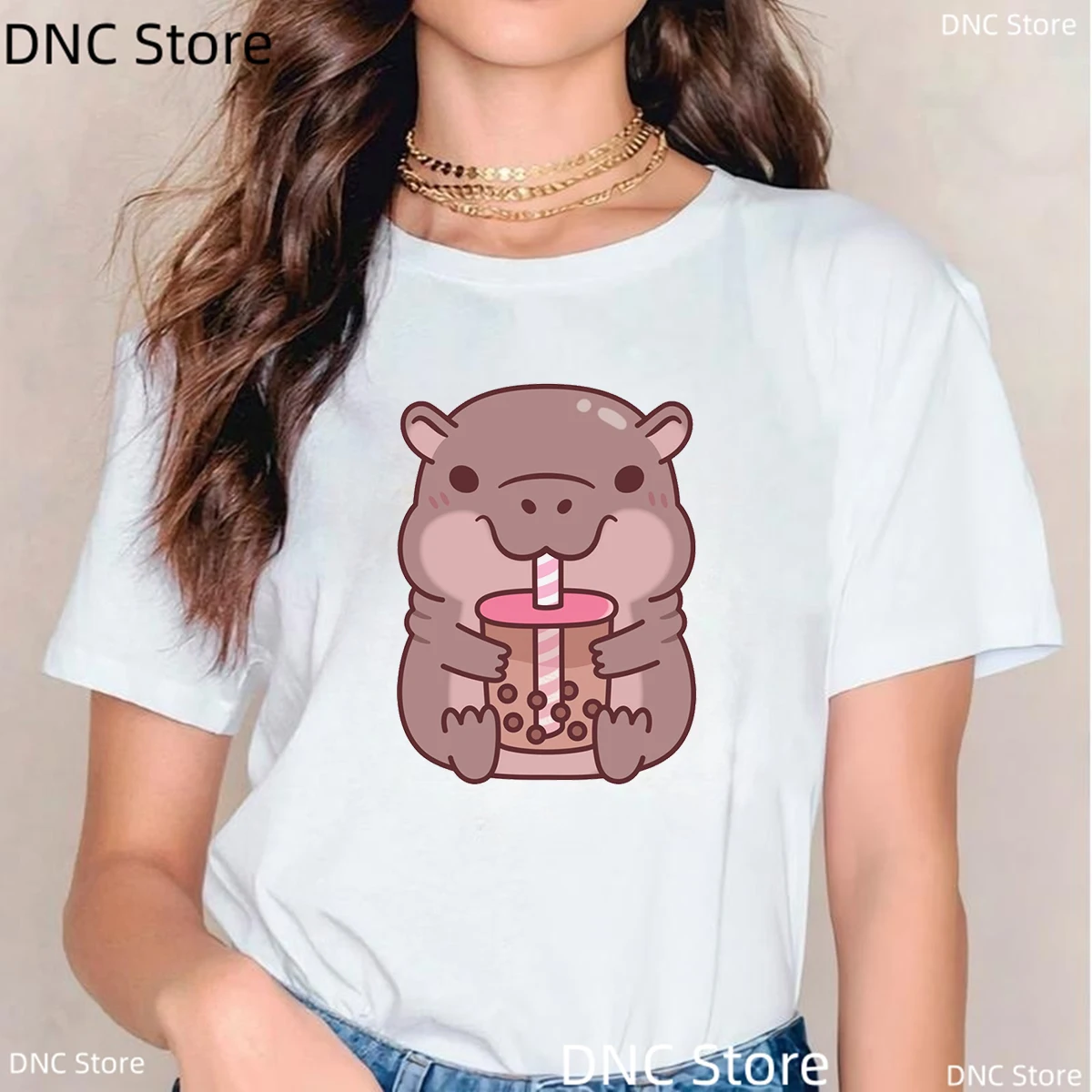 Cute Hippo Drinking Bubble Tea Graphic Print T-Shirt Women's Fashion Harajuku Kawaii Short Sleeve Summer Female Tshirt Tops