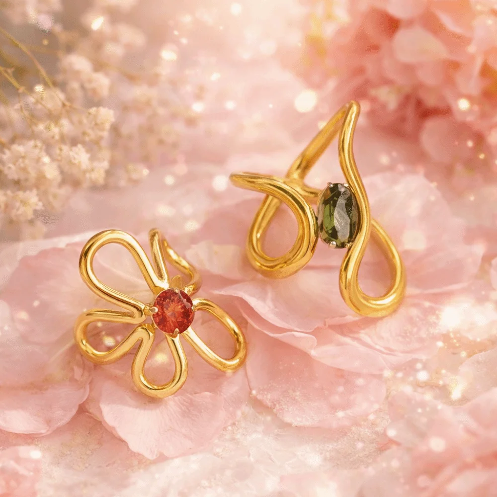 Wave Design Irregular Stainless Steel Rings Double-layer Colored Gemstones Flower Pattern 18K Gold Plated Rings Red Zircon