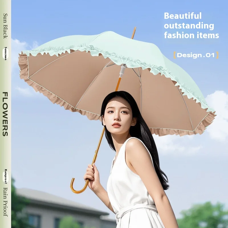 Dual-Use Anti-UV Sunshade Umbrella for Women Glue Color Lace Straight Pole with Curved Handle Cross-Border Popular for Traveling