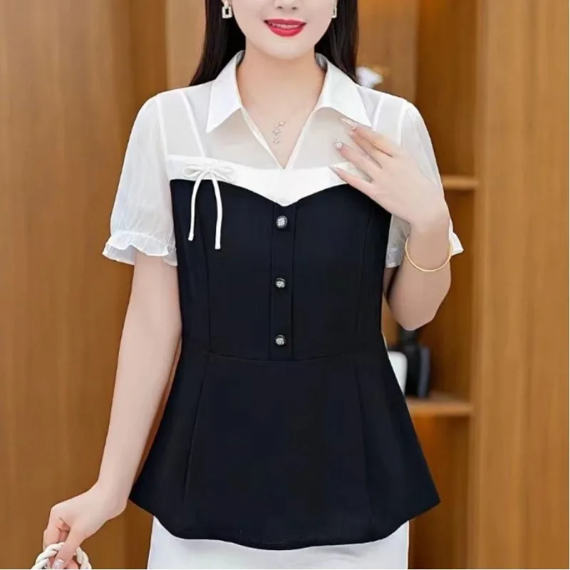 Women\'s Summer 2024 New Blouses Fashion Spliced Ruffles Fake Two V-neck Button Color-blocked Commute Short Sleeve Chiffon Shirts