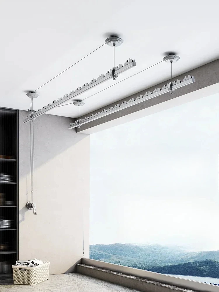 Hand-operated lifting clothes rack balcony top-mounted clothes rod fixed manual windproof aluminum alloy single