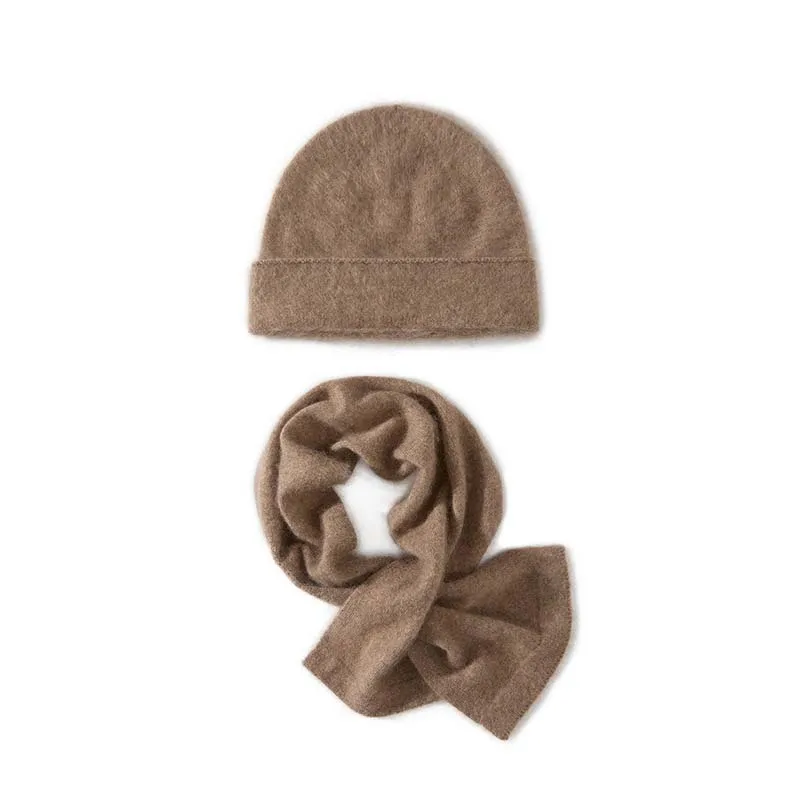 Luxury Fluffy Silk Wool Beanie Hat and Scarves Set Two Piece Winter Accessories